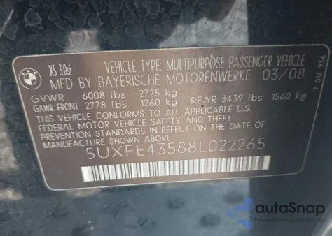 2008 BMW X5 3.0Si z USA, uszkodzony, nr VIN 5UXFE43588L022265